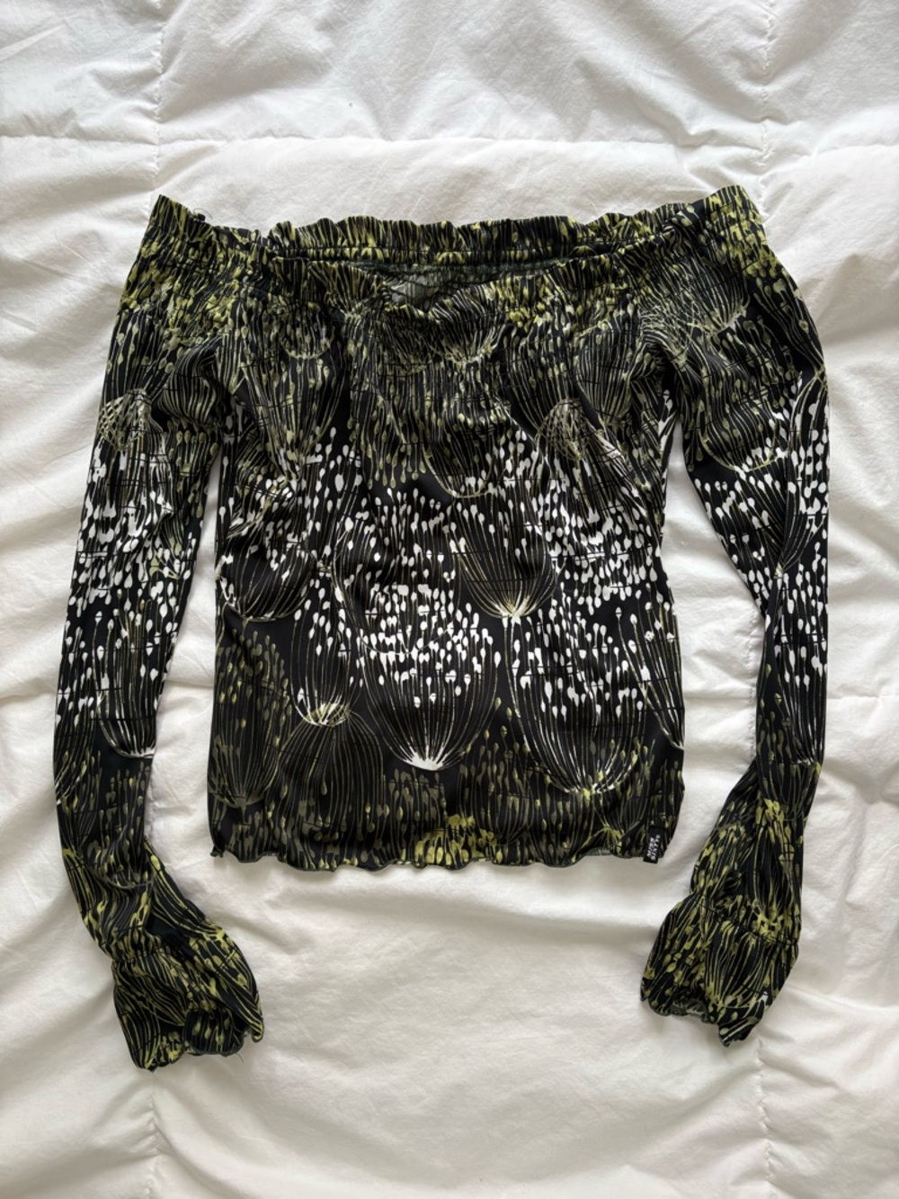 Miss Sixty Off-Shoulder Floral-Print Long Sleeve Top in Black, White and Olive